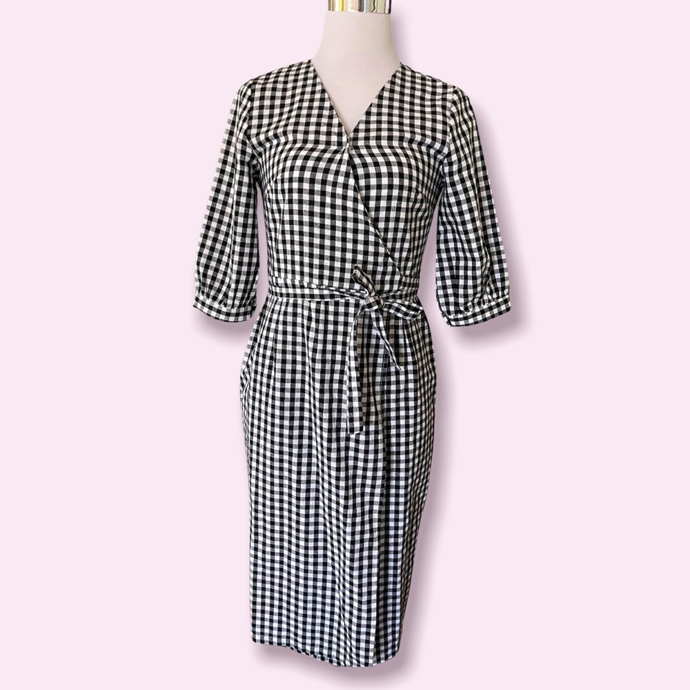 Black & White Gingham Wrap Midi Dress